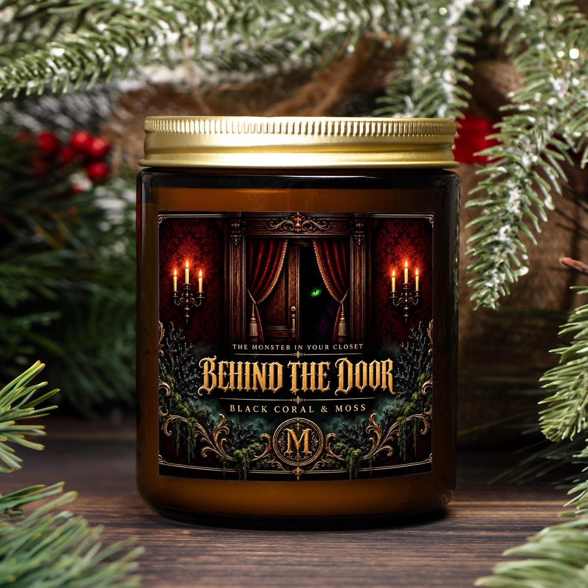 Behind the Door Candle | Black Coral & Moss | 9 oz Amber Jar