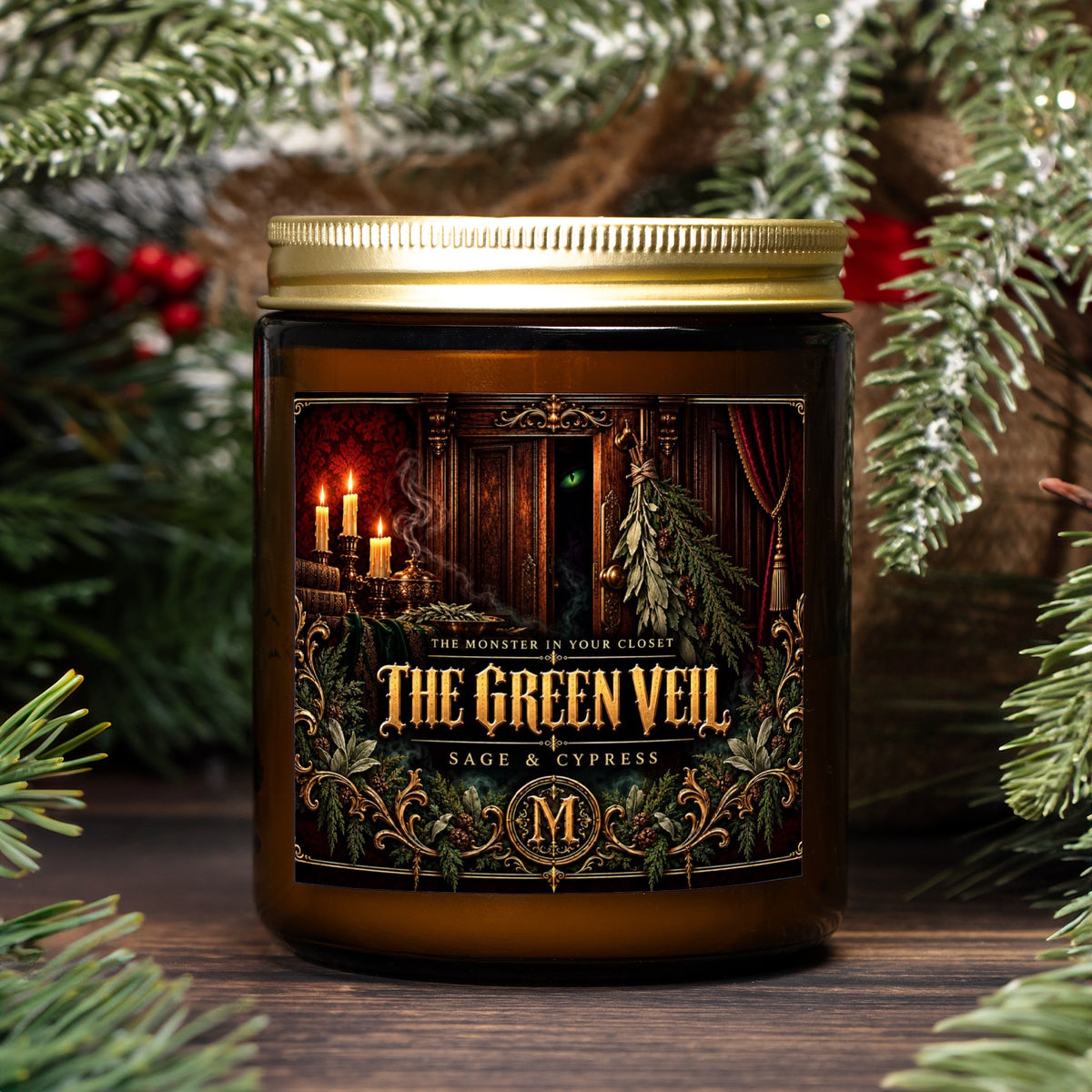 The Green Veil — Sage & Cypress Scented Candle - 9 oz Amber Glass