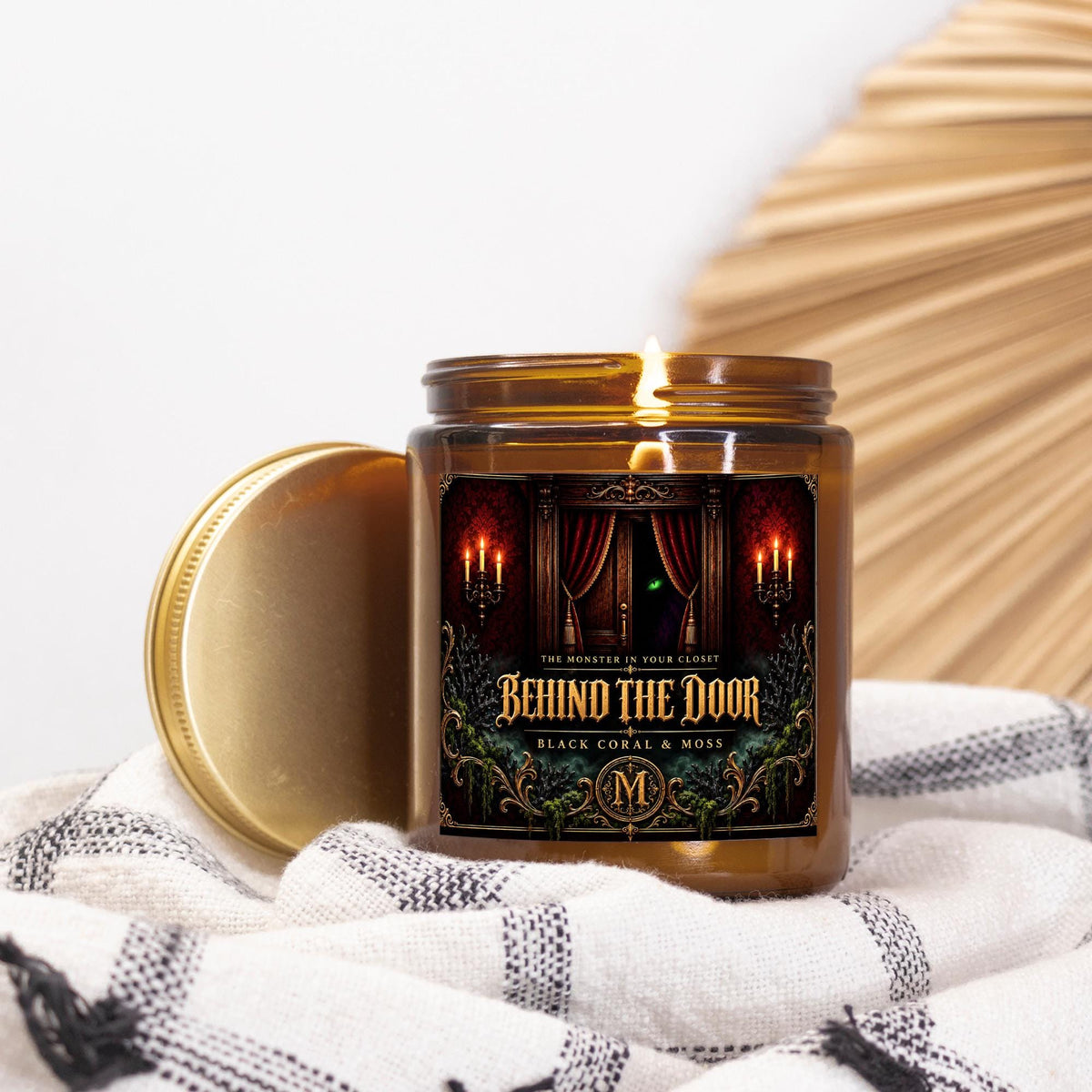 Behind the Door Candle | Black Coral & Moss | 9 oz Amber Jar