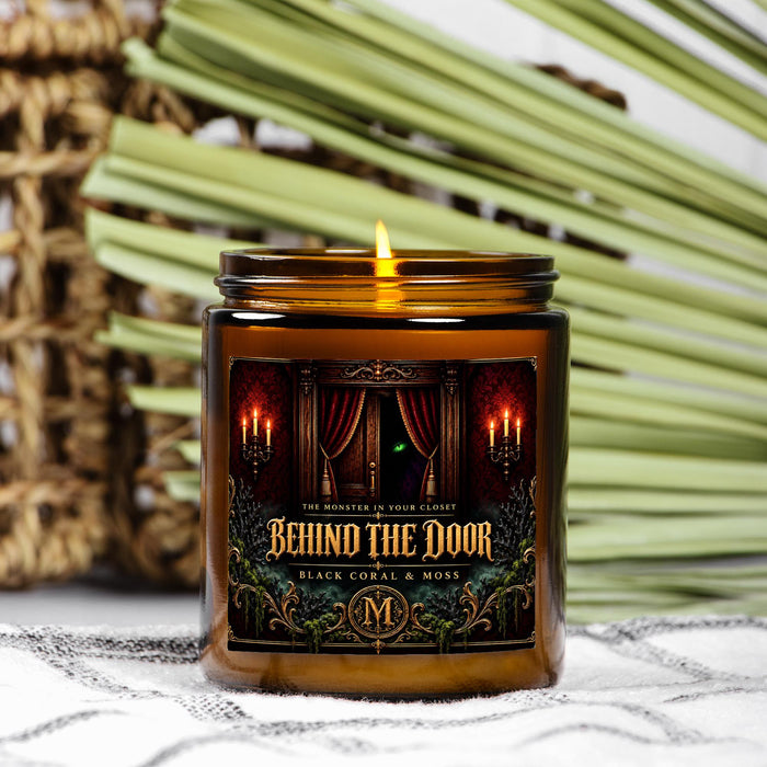 Behind the Door Candle | Black Coral & Moss | 9 oz Amber Jar