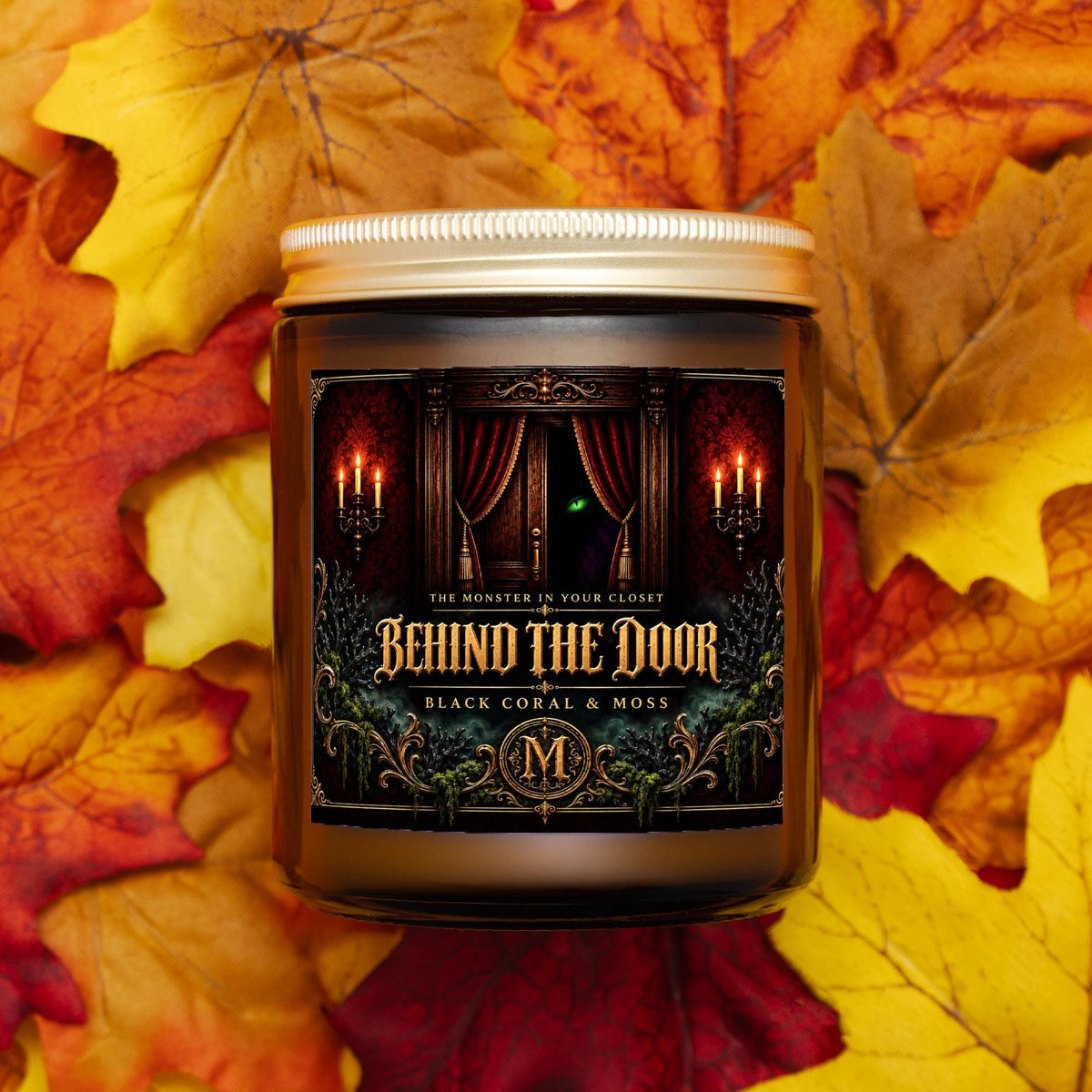 Behind the Door Candle | Black Coral & Moss | 9 oz Amber Jar
