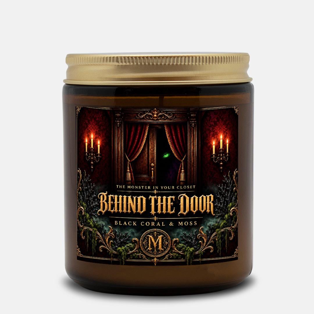 Behind the Door Candle | Black Coral & Moss | 9 oz Amber Jar